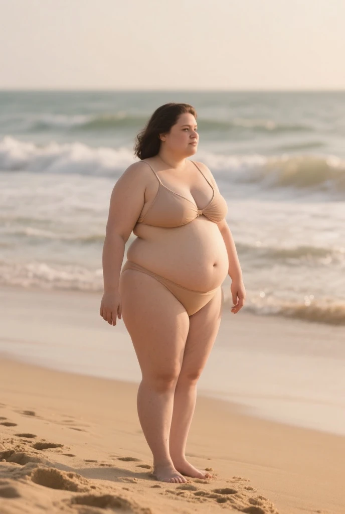 a slender young female, visible abs, full length shot, right profile, (severely obese:1.5), highly detailed, photorealistic, 8K, realistic lighting, cinematic composition, dramatic pose, piercing eyes, natural skin texture, dramatic shadows, warm golden hour lighting, realistic skin pores and imperfections, detailed clothing folds and wrinkles