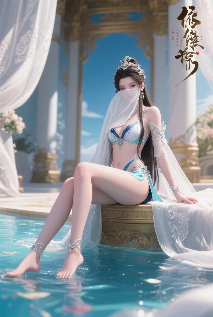 A beautiful woman sitting on the beach holding a clock, the Sea Queen Mu Yanling, a gorgeous digital art masterpiece, 4k highly detailed digital art, a beautiful fantasy queen, 8K high quality detailed artwork, beautiful fantasy, by artist Yang Jie, gorgeous and lavish digital art, in the style of Guo Wei, beautiful fantasy art, Chinese fantasy
