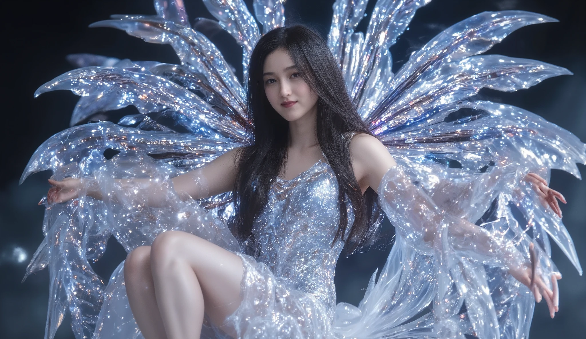 (anthropomorphic lily flower), (The fusion of a girl and a lily flower), Lily Flower Fairy, I drew a shining girl in detail, A girl looking at the viewer and smiling, decorated and gorgeous figure, Picture of a sparkling figure,long hair,( Photo Yang ), calm atmosphere,is so beautiful that you wouldn't think it's from this world,  mystical background ,  calm pose:1, Full pose:1
