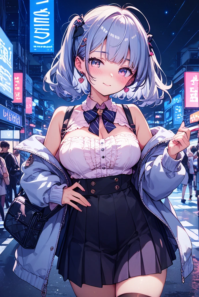 ((masterpiece,Highest quality:1.3,best quality illustration)),(realistic)cowboy shot,独奏,1woman,(Mature Beauty),light blue hair,short hair,bangs,gray eyes,(gorgeous eyes),((very small head)),shy,((very long body,skinny)),medium breasts,((Navy blue baseball jacket、White pleated mini skirt)),gleaming skin,oily skin,slender body,sweat,standing,on street,Shibuya Station、nsfw,