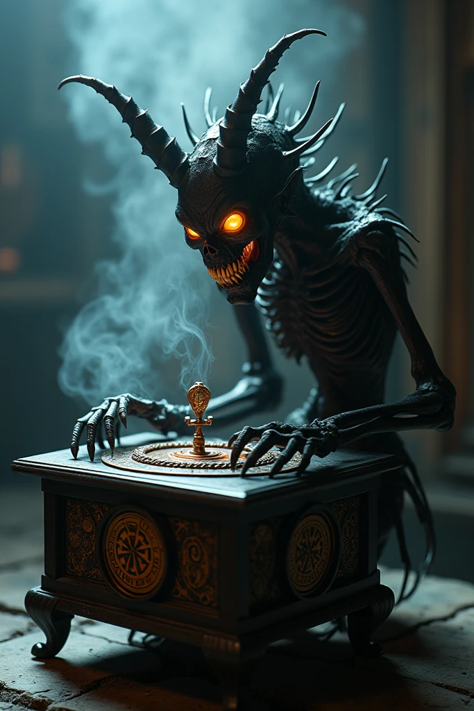 (medium full shot) of (ancient limestone white smooth stone gargoyle) with perched body, feathered wings, Silver eyes, curved horns, magical rune markings talons, set in Banquet Hall, Decaying hall with a long dining table covered in rotting food and goblets, shattered stained glass windows letting in shafts of sunlight, broken chairs scattered around, tattered banners hanging from the walls, skeletal remains slumped at the head of the table, ,Masterpiece,best quality, photo, realistic, very aesthetic