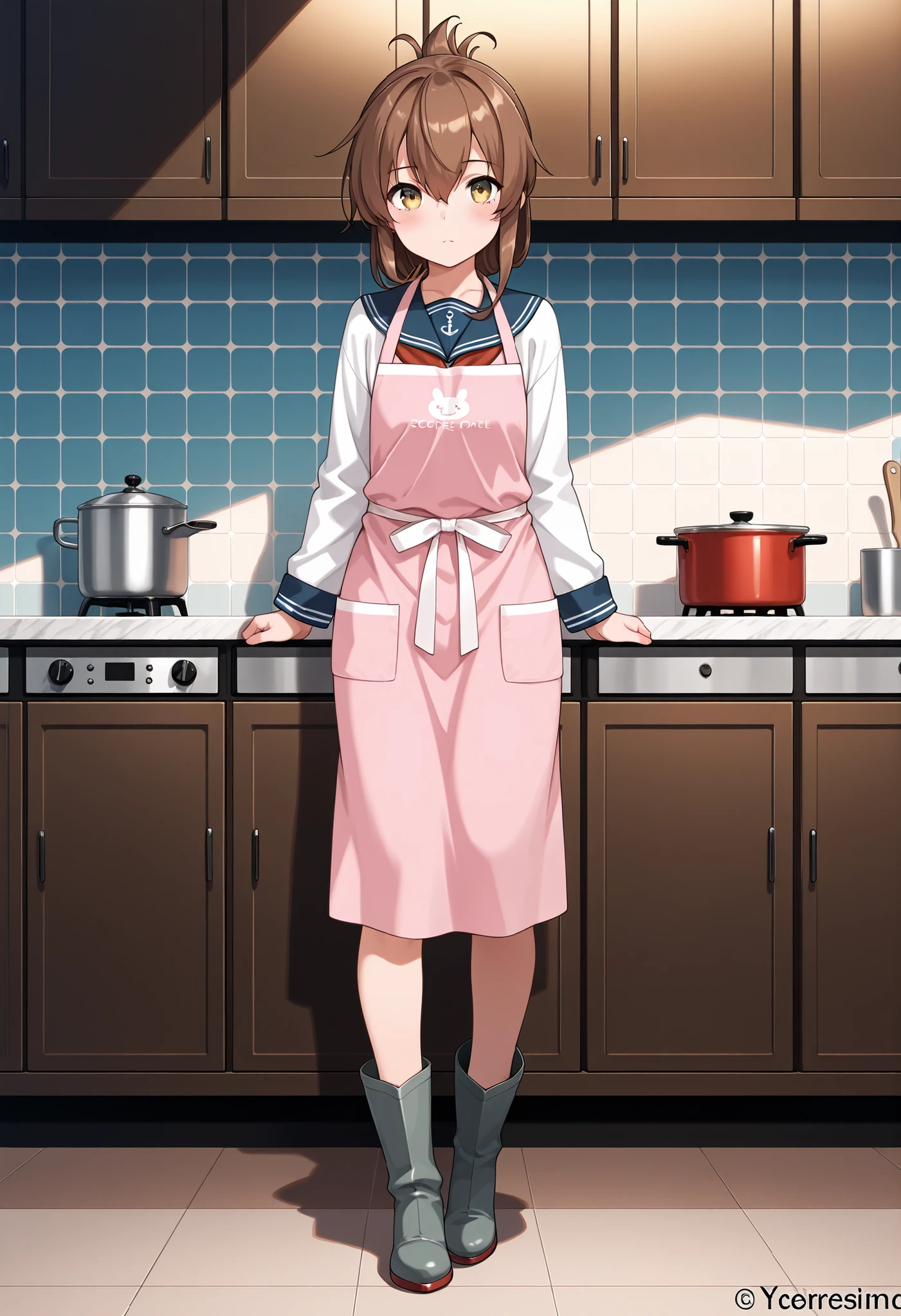 最High Quality，masterpiece，high resolution, Extra Numbers ,  Fewer digits , masterpiece,best quality, Super Detail, 最High Quality,High Quality, score_9, score_8, score_7, source_anime, Lightning (KanColle), folding ponytail, full body，1 girl, solo, watching viewers, , uniform, long sleeve, Neckarchief，pink apron，Boots，kitchen，