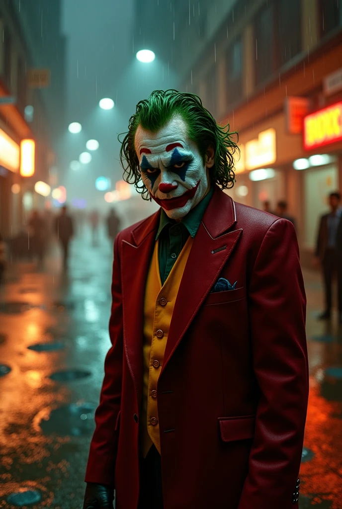 The Joker, appearing lonely and depressed after the death of Batman. He is sitting in the middle of Bourbon Street. It’s the first night of Mardi Gras and parade goers pass him with curious expressions.