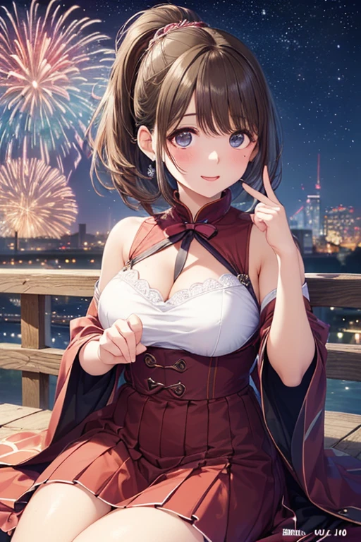 (masterpiece:1.3), (absurdres:1.3), (best quality:1.3), (ultra-detailed:1.3),(best shadow:0.7), (handled hair), mature woman, 25 year old, perfect anatomy, 1girl, solo, rosa(pokemon), double bun, hair bun, long_twintails, brown hair, blue eyes, hair between eyes, huge breasts, sightly smile, ((red nuisette)), wearing a red nuisette, (red dress), (black details, black outlines dress), thighs, ((extremely short dress)), bare shoulders, fireworks, night,