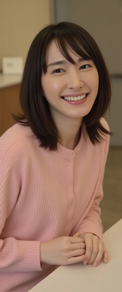 masterpiece , highest quality , Very detailed , 32k , Cute Woman , 1 girl , 19 years old,blouse , bangs , smile , White teeth , Symmetrical eyes,Brown Hair,Bobcut,flower bed、Inside the elevator、Shooting from below、