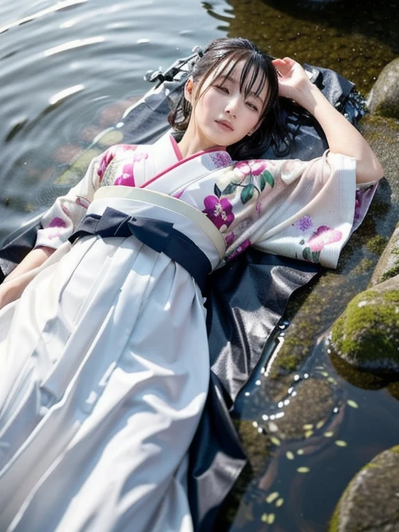 1girl,black hair, floating hair, seaside,scenery,landscape,cherry blossoms, falling petals, sunbeam,god rays,upper body, RENGE,DRESS,KIMONO