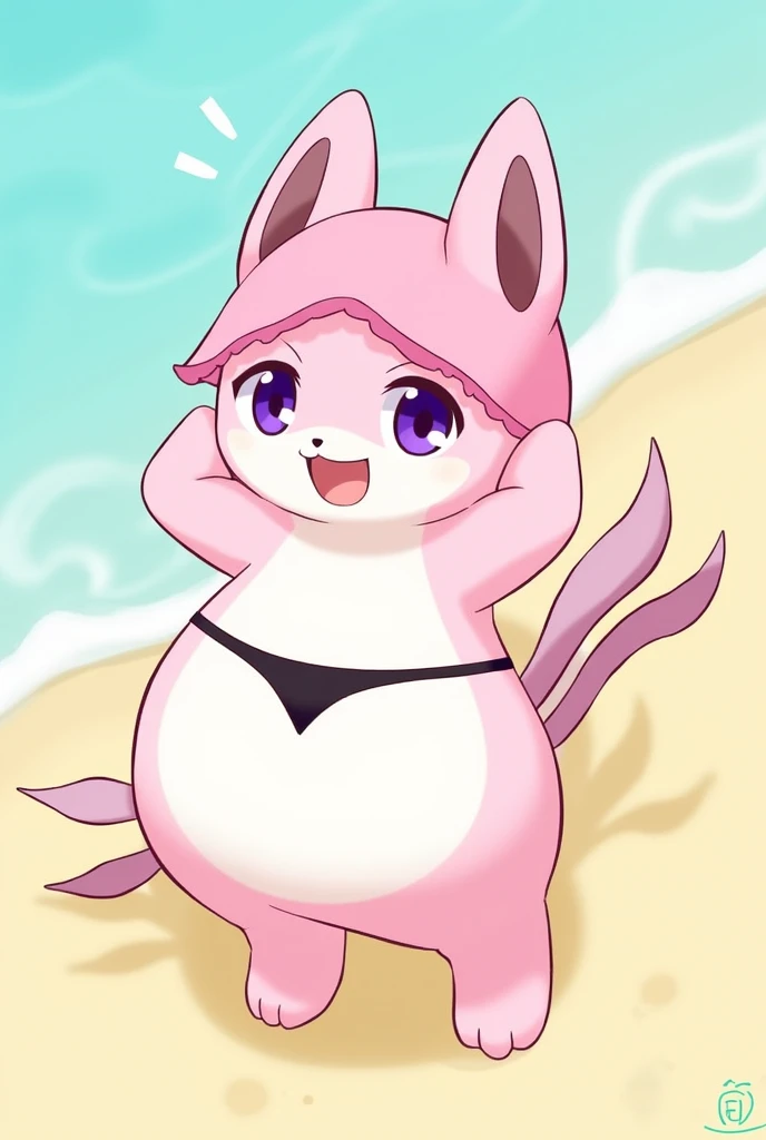 Nazuna_hiwatashi, anthropo, Female One, standing alone, fully body, mocking look, pink  hair, pink tail, peace sign, green micro-bikini, seashore, sitting on the floor , Huge breasted, hips, thick-thighs, digitalpainting, extremely detaild, minute details, legs spread open, facing the spectator, gazing at viewer 