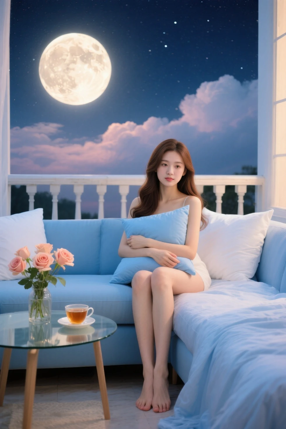 Arav is sitting on a bean bag chair in front of the window,blue pantyhose, Larissa Manobar, Blackpink’s Larissa Manoban, in an igloo, cold的, crystal, Urzan, cold, cold的 as ice! 🧊, lofi girl, sitting on the ice throne, sitting in a lounge, On the cold throne, 处于cold的位置,Exquisite facial features,