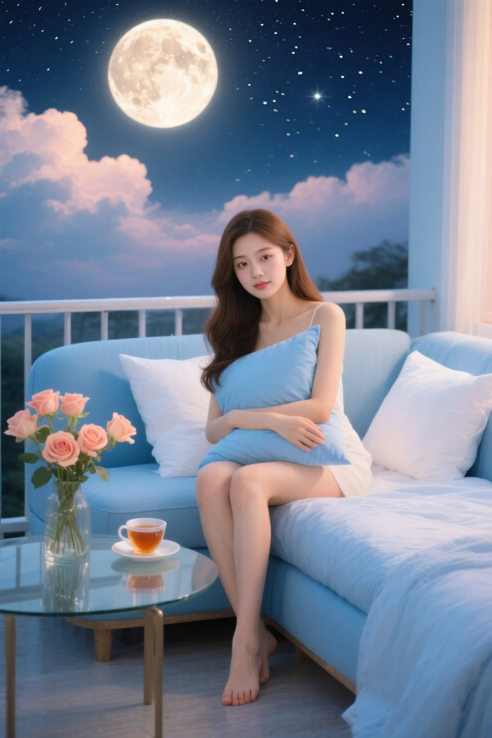 Arav is sitting on a bean bag chair in front of the window,blue pantyhose, lofi girl, sitting on the ice throne, sitting in a lounge, On the cold throne, In cold position,Exquisite facial features,