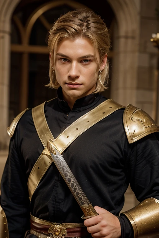medieval man, Arabic clothing, blue clothing, blond hair, uneven haircut, interesting hairstyle, long hair, tattoos all over the body, rich clothing, detailed clothing, brown eyes, moles on the face, doctor, bright lighting