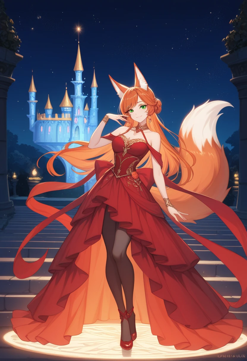 red fox, female, vixen, beautiful, hair, yellow eyes, full body, night, moody, elegant, mysterious, highres, unparalleled masterpiece, perfect artwork, absurdres, rzminjourney, vector-art, masterpiece)(kemono, furry anthro)