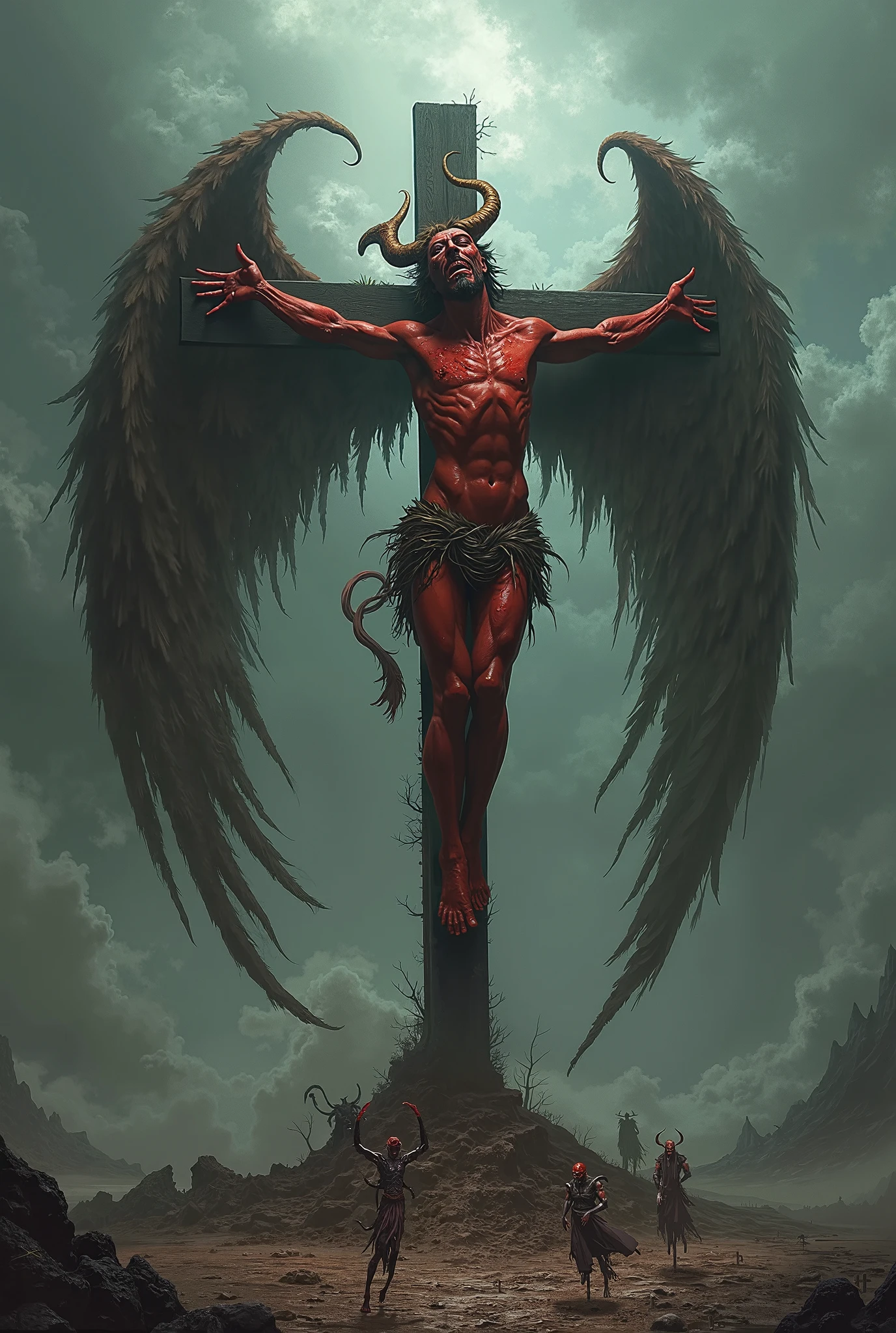 lucifer chained in a cross, but only in torso and the hands and behing the cross; front view, face full of rage and looking to us with bright eyes; beautiful man; caravaggio oil painting; realism; mid lenght hair; background with a lot of detail; inferior half body destroyed with legs destroyed; and blood; show hands becomings into fangs, and arms downs; the cross in stone with some ornament; show bull body and a bigger backgroun with a lot of cross's in land; the body in the cross some meter above the land