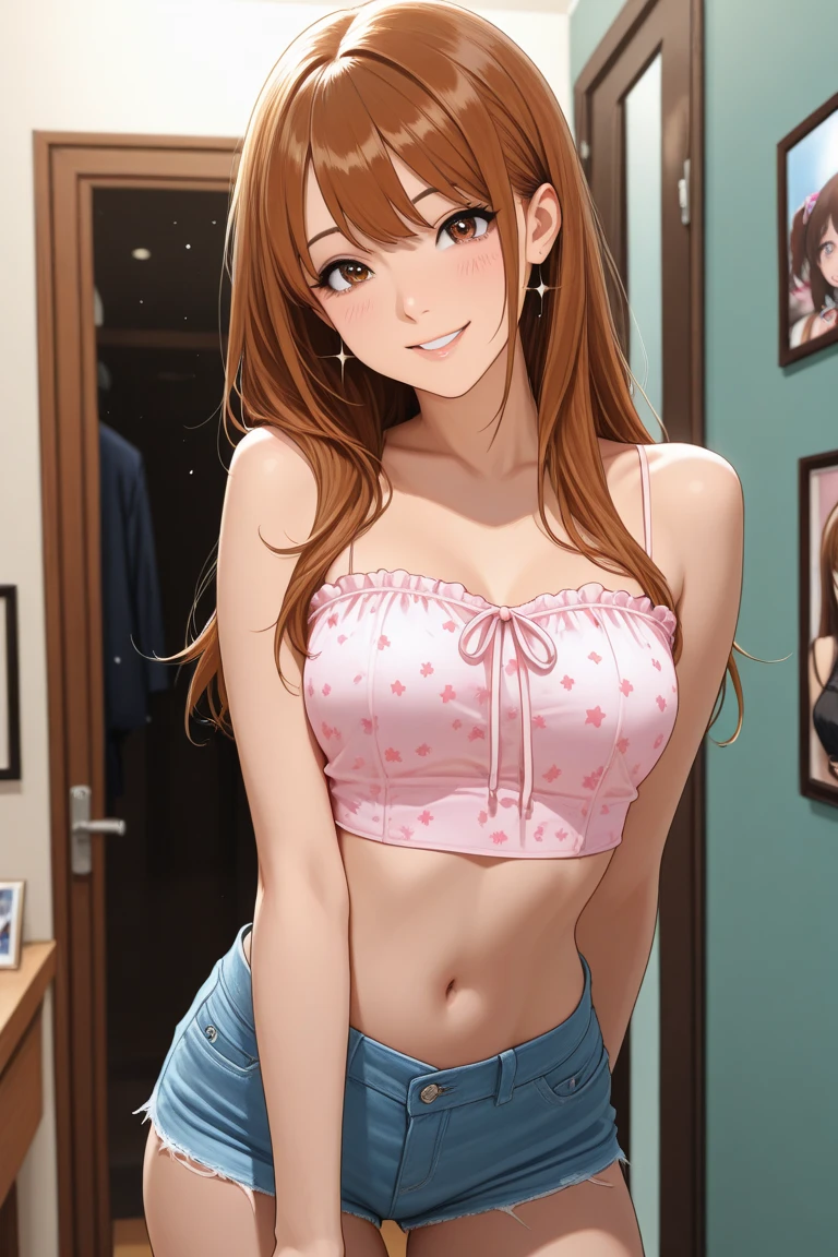 Very detailed、highest quality、Best image quality、masterpiece、8k、Anime Face、A kind smile、Open Mouth、((brown long hair:1.5))、big breast, sexy、 beautiful body 、Cowboy Shot, Sexual Intercourse, ((pink eyes)), hotel bedroom, ((( Jeans))), (((yellow bra)))