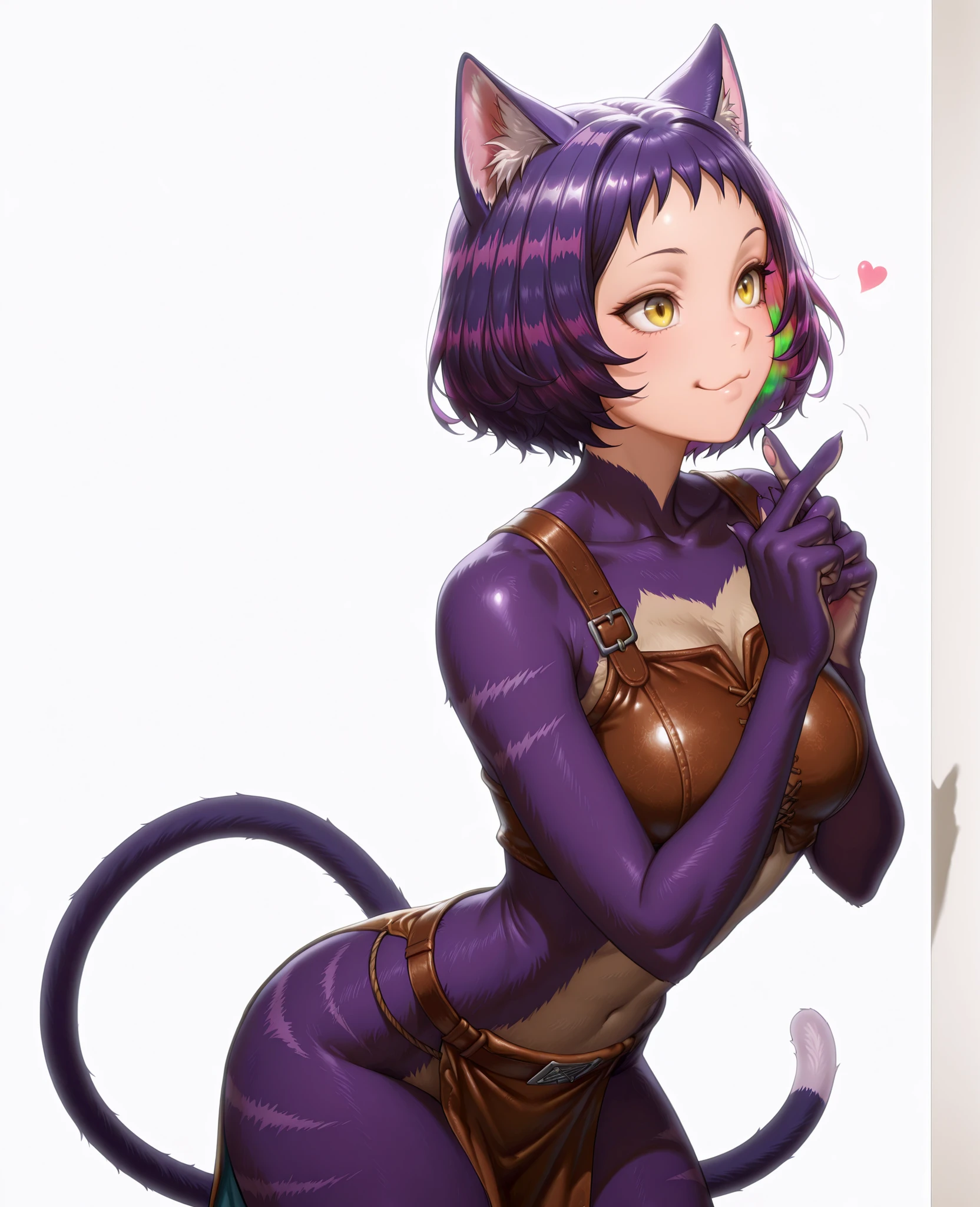 Smooth quality ,masterpiece, super realistic, masterpiece, highly detailed leather,
simple background, white background,
dutch corner,Varice,playful face,
crossed fingers,
clothes on the side,
mialey/cnn, cat girl, short Hair, cat ears, purple hair, yellow eyes, multicolored hair, cat tail,loincloth,One,wool,ero