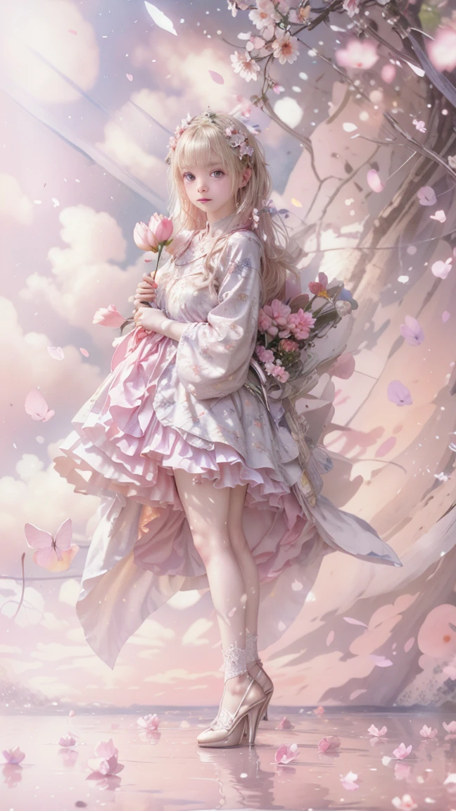 Create a mesermizing scene where a woman is rests from a swing of detailed flowers, delicately suspended with ornate ropes of extremely detailed flowers. The woman is in a mythic realm of dreams. Include floating islands and intricate watercolor skies. The woman's face exudes a sense of peace and happiness as she hangs weightlessly in the air. The environment is filled with fluffy clouds, waterfalls cascading from the floating islands, and a vibrant, surreal environment with beautiful shades of pink, purple, and blue. The atmosphere is filled with a sense of wonder and tranquility. ((Include many shades of pink in the artwork's details and background.)) This scene will be depicted in an anime-style illustration, with soft lines, pastel colors, and a whimsical touch. The artwork will capture the ethereal beauty and tranquility of the dreamlike realm, creating a sense of harmony and escape from the ordinary world.