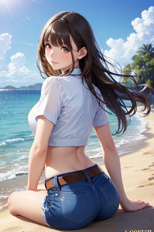 ((Extremely exposed))(High-definition image quality)極Realistic skin texture、High definition face(brown、Very long straight hair、Hair behind the ear、Beautiful moist brown hair、Smooth Hair)((Bright smile))、Gaze(sexyな25歳の女の子、Idol Makeup、Eyeliner)(Fair skin)(Sparkling eyes)Smooth Skin、Realistic skin texture ((Oversized T-shirt、Short length、Cleavage) ((Extremely short denim miniskirt、damage、Super tight、small、Ultra low rise))))Beautiful armpits、On the position of the chest、Round big breasts、Beautiful valley、Ultra-thin waist、Waistline、Long legs、Glitter High Heels((((Seaside cafe during the day))))(((((Medium full shot from behind、sexy))))))Erotic and bold poses