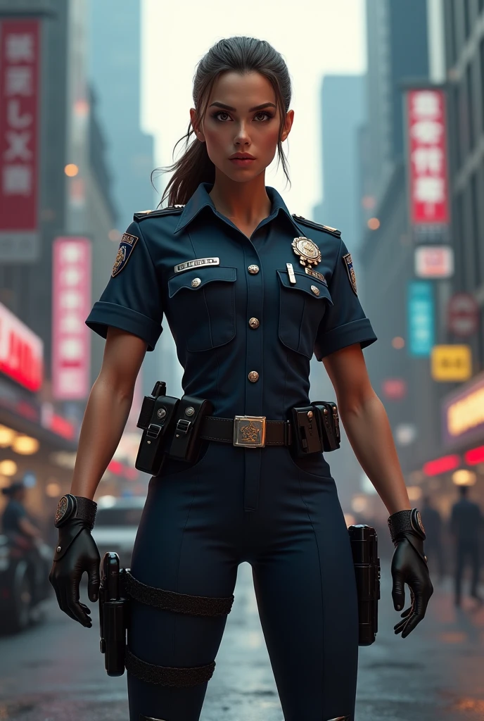 title: "The Guardian of the Streets"
description:
Crie uma obra-prima em ultra HD, repleta de riqueza de detalhes, com um ponto de vista (Pov) envolvente. The central figure in the image is a female police officer, com cabelo marrom curto e uma atitude determinada. Ela veste uma roupa de policial preta com um distintivo dourado, que representa sua autoridade. Your breasts are small, and the neckline is subtle, sem enfatizar a sensualidade.
The officer is sitting confidently on the hood of the black-and-white police car, which reflects his steadfast and powerful presence. The surrounding landscape is urban, conveying the feeling of a bustling city full of challenges.
The image should convey a look of justice and determination in the character's eyes, highlighting its mission to protect and serve the community. The main emphasis should be on the message of strength and courage, em vez de sensualidade. Through this masterpiece, We want to inspire respect and admiration for the female figure in the role of law enforcement officer.