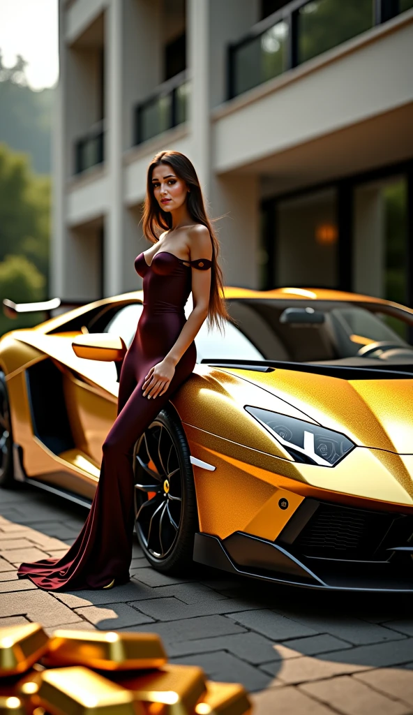 a beautiful girl in a tight dress posing next to a superdeportive car, hyper realistic, 8k, cinematic lighting, detailed facial features, photorealistic, volumetric lighting, dramatic shadows, highly detailed, intricate details, stunning, exquisite, flawless skin, elegant pose, impeccable fashion, glossy car paint, smooth metallic reflections, depth of field, cinematic framing
