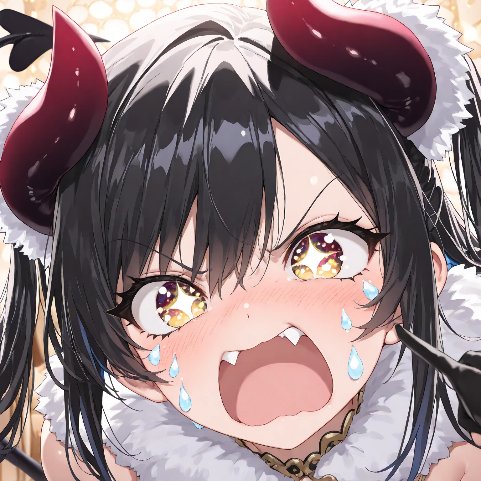 (sex:1.3)、(penis:1.3)、bedroom、nsfw、(cum on hair:1.3)、(cum on breast:1.3)、(cum in pussy:1.3)、(cum facial:1.3)、cum in mouth、(cum on body:1.3)、excessive cum、double handjob、fellatio、projectile cum、open mouth、embarrassed、trembling、red eyes、see through、masterpiece,best quality,beautiful face、young woman、red tie、black hair、off shoulder、exposed breasts、maid、thighhigh、blunt bangs、bob cut、busty