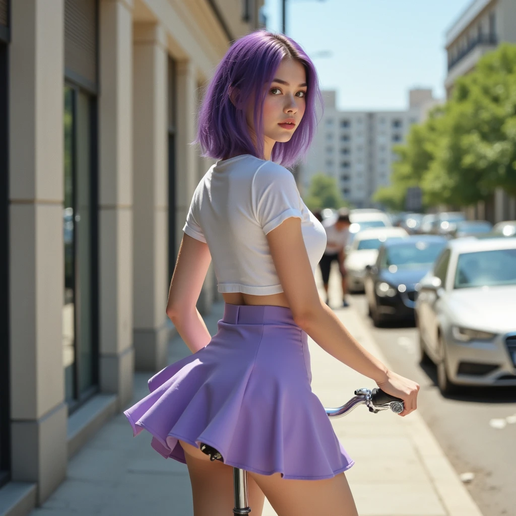 ((masterpiece, best quality, ultra-detailed)), 1girl, beautiful confident woman walking through a garden, smiling, pink tank top, midriff, bracelet, necklace, long black pencil skirt, white sneakers, black socks, wearing headphones and brim cap, full body, purple hair