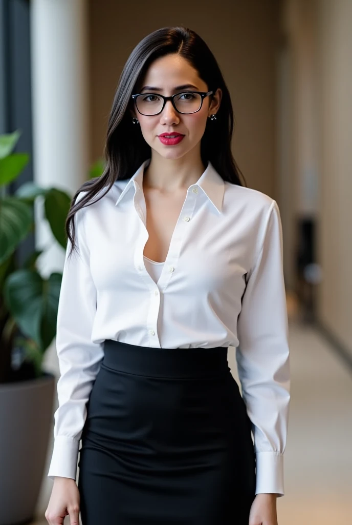 Hyperealistic milf woman in her 50years, in a ultra thin suit, and BH , spreading her legs , glasses and neck tie in black dn white suite, showing also her pants zoom in her face