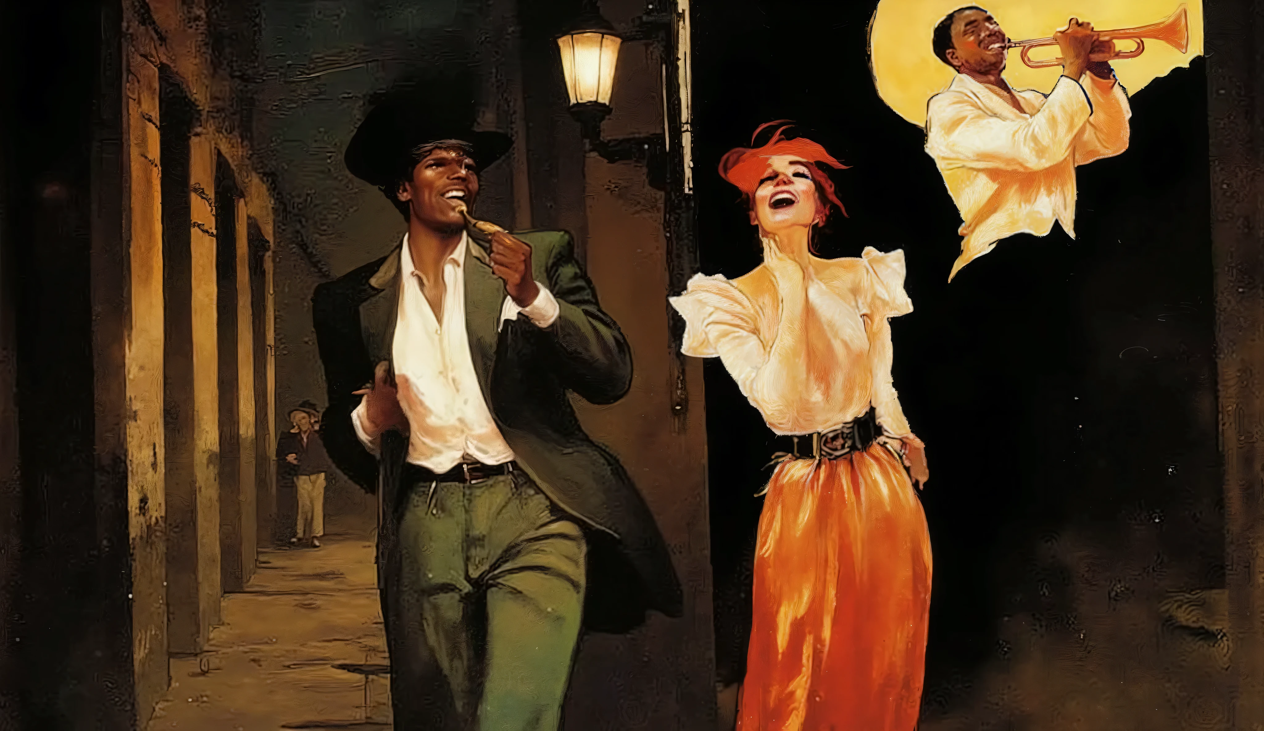 Illustration of a joyful couple walking through the historic streets of New Orleans, with a black man playing trumpet under a streetlamp. The air is thick with music, love, and history, as the scene glows in colors of antique ruby, dark green, and tart orange. A soft UV blacklight adds an otherworldly glow to the vintage fashion and the energetic night, evoking the romance of the city’s jazz scene.