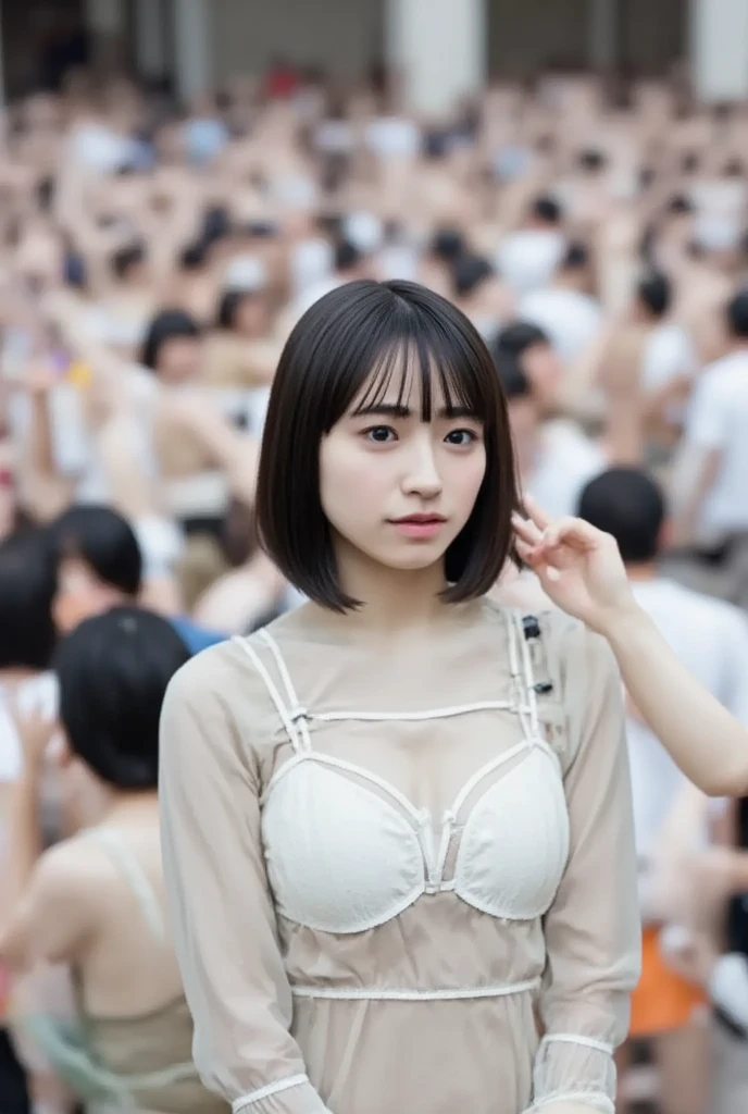 (High resolution:1.3), (16k, Photorealistic, Raw photo, Best image quality: 1.4), Japanese, (One Girl), Beautiful Face, (A vivid face), (Black-haired、short hair:1.3), Beautiful Hairstyles, Realistic eyes, Beautifully detailed eyes, (Realistic Skin), Beautiful skins, attractive, 超A high resolution, Surreal, High detail, Golden Ratio, Highly detailed cute girl,(20-year-old),  Tokyo、Omotesando、Daytime、(Many passers-by:2.0), Casual Fashion, (Nipples:1.2、Belly button)