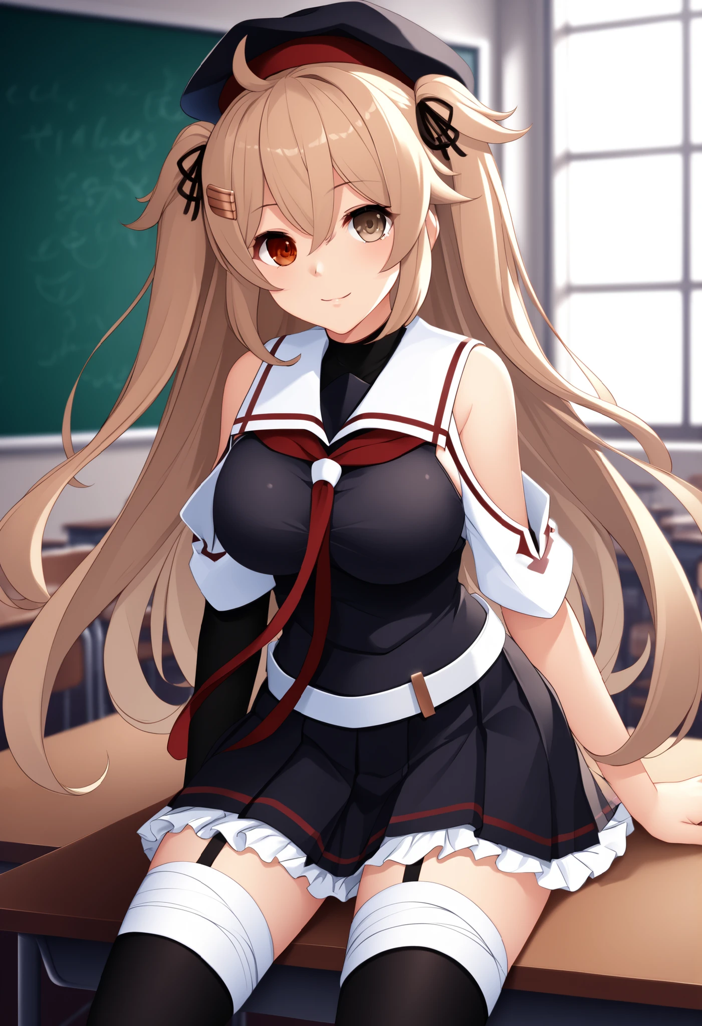 Murasame (KANCOLLE)、(Murayama Nikkantai collection), , score_9, score_8, score_7, source_anime, game CG ,masterpiece, Highest Quality, nsfw, masterpiece,Highest Quality,great quality,very aesthetic, light brown hair, 1 girl, solo, long hair, chest,hair ornament, , Red right eye, Brown Left Eye,, ribbon, uniform, hair ribbon, pleated skirt, sailor suit, hair clip, black thigh high socks, transparent ear covers, black skirt, two side up, heterochromia, Frilled Skirt, hair flap, Red Neckerchief, Asymmetrical Legwear, black sailor suit, uneven leg attire, asymmetrical clothes, white belt,black headwear,heterochromia, beret,sailor collar,bare shoulders,Inside is black,, classroom background, Big Breasts, slender body, full body shape ,