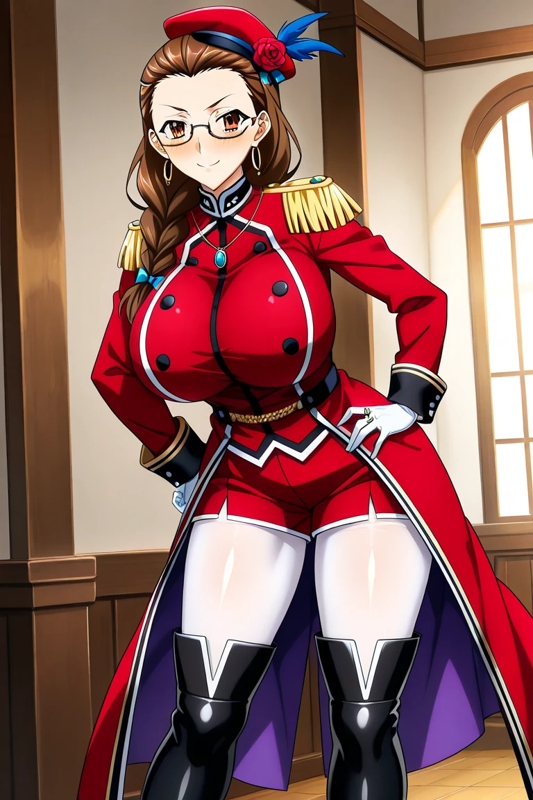 best quality,masterpiece,looking at viewer,absurdres,1girl,score_9,score_8_up,score_7_up,source_anime BREAK 1girl,belt,black belt,black footwear,black gloves,bodysuit,boots,breasts,buckle,coat,cowboy shot,epaulettes,fringe trim,gloves,holding,holding sword,holding weapon,large breasts,long sleeves,military,military uniform,pants,parted lips,red coat,ringlets,sidelocks,sword,taut clothes,thigh belt,thigh boots,thigh strap,tight clothes,tight pants,underbust,uniform,unsheathed,weapon,white bodysuit,white pants,,<lora:020-天ä¸å¤©ä¸-é´»ãæ± åç§XLV1:0.8>,kounoike chiaki,brown hair,brown eyes,breasts,