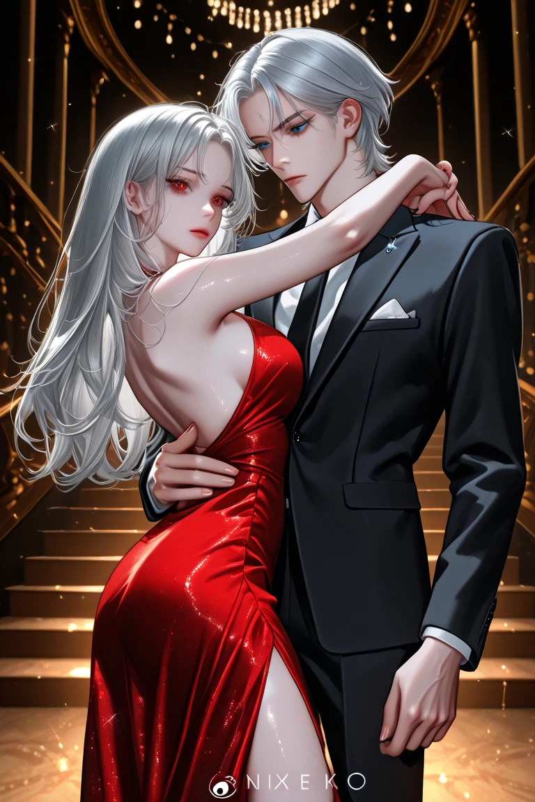 ((obra maestra de anime TV)), (enfoque medio cuerpo), Pareja chico y chica adultos, varias poses juntos, you can see the mutual attraction, chica Fox pelo largo blanco o gris, radiante iris eyes brillan del ojo verde, chico pelo corto bicolor, rostro masculino, eyes are also bright red eyes and radiant black, -auto...