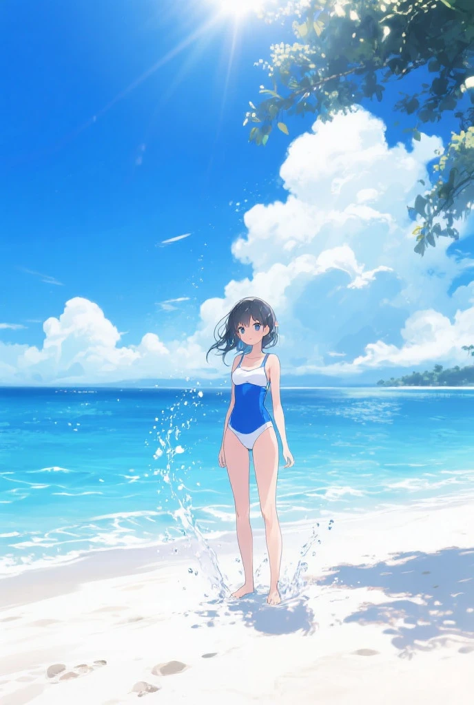 anime girl in blue swimsuit standing in water with rocks in background, makoto shinkai art style, anime girl walking on water, wallpaper anime blue water, kotegawa yui, attractive anime girl, anime moe artstyle, anime visual of a cute girl, seductive anime girl, makoto shinkai. high detail, makoto shinkai style, marin kitagawa fanart