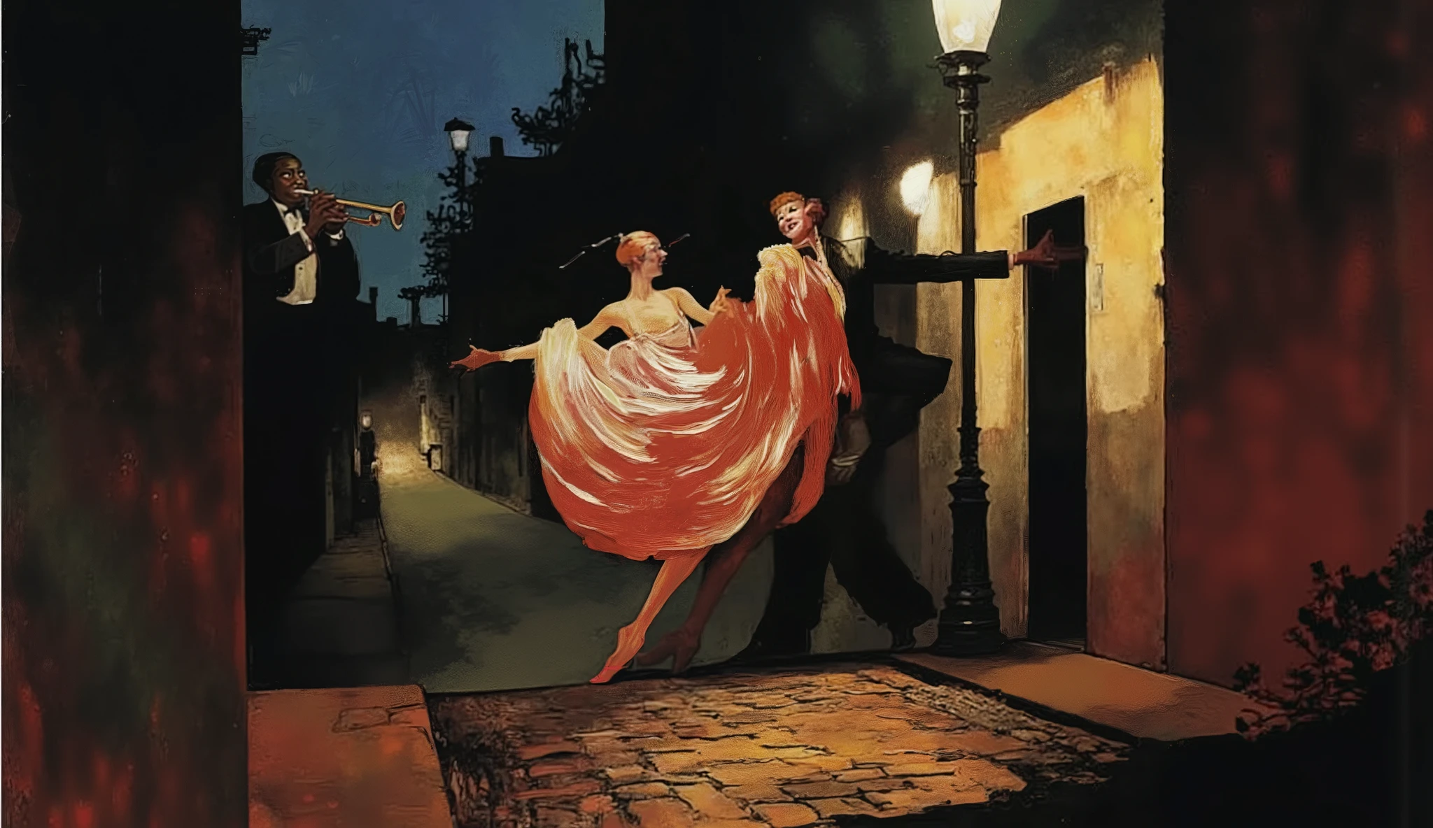 Fashion illustration of a couple walking hand-in-hand down a cobblestone street in historic New Orleans at night, with a black man playing trumpet near a streetlamp. The night is alive with color—rusty red, antique ruby, and midnight green hues. The couple is dressed in vintage 1920s attire, elegant and joyful, with a soft glow of UV blacklight accentuating the scene. Volumetric light beams filter through the misty air, capturing the happiness and musical vibrance of the city