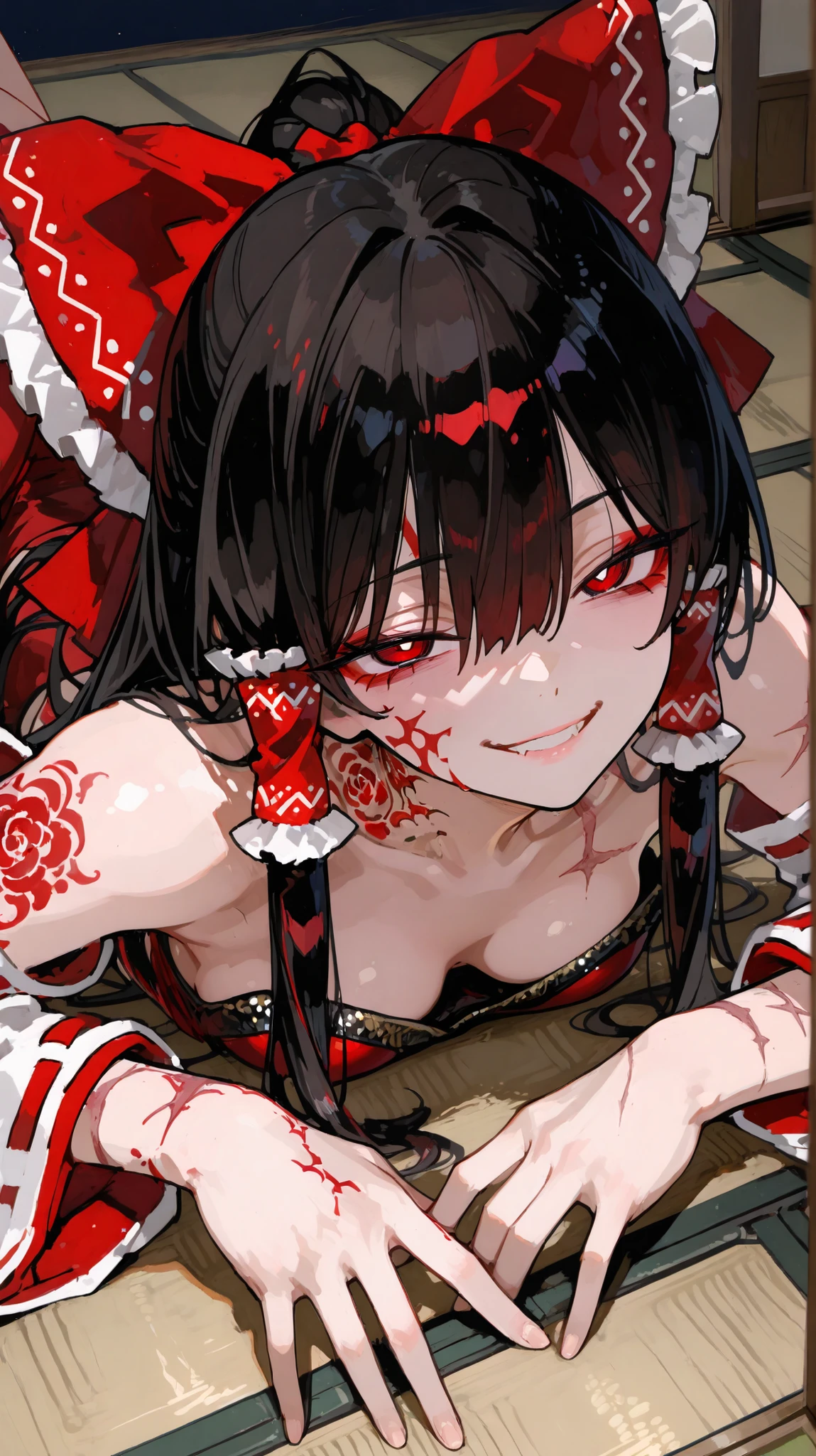 masterpiece, highest quality, newest, Oriental Project,Woe - Reimu Hakurei、Evil Smile、lying on the floor、 luxurious Japanese tatami、have red tattoos like scars,The eyes are black pupils,red eyes,Red tattoos on the neck and half of the face