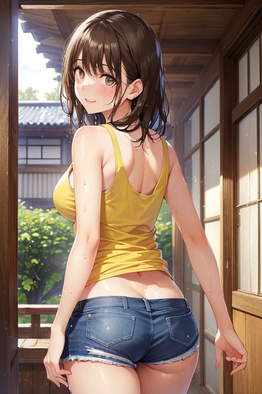 ((best quality)), ((masterpiece)), ((detailed)), (((perfect face))), (((18yo age girl))), (((topless))), (((medium breasts))), ((cut off denim shorts))), ((dark brown hair)), ((short ponytail)), (((((blue eyes))))), ((shy:1.3)), ((blushing:1.5)), (((bare arms))), (((bare shoulders))), (((bare stomach))), (((garden)))), (((standing))), (((hands on hips))), (((view from behind)))