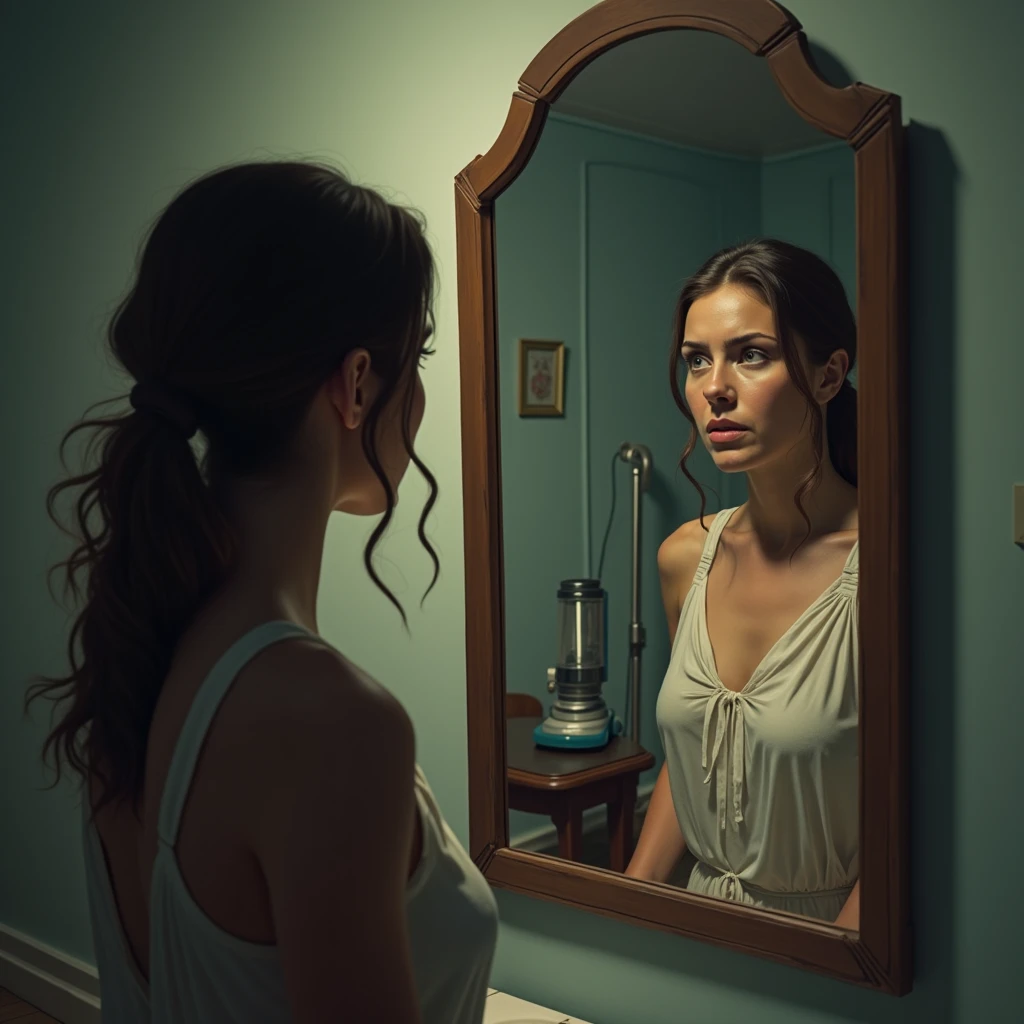 Woman looking at herself in the mirror, and discouraged because she has cartoon style skin problems