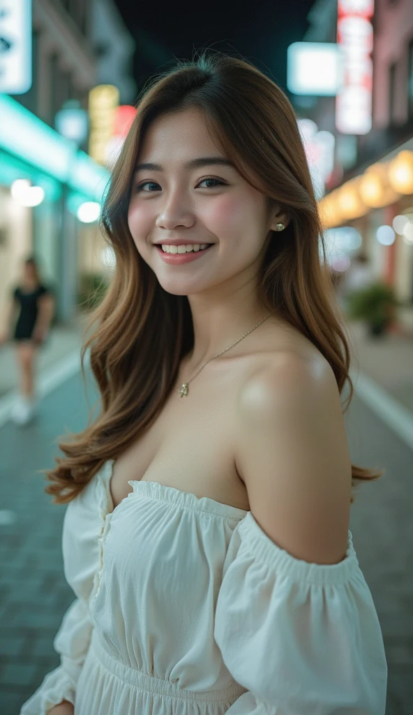 A girl, (13 years old, oval and clean face, thin body, Indonesian skin, wearing a wool crop top, cute hot pants), posing like a model in the crowd at night in Thailand, heart-shaped hand gesture, smiling, photo slightly tilted to side, visible face, minimal lighting, blue hour. ultra HD, real photo, very detailed, very sharp, 18mm lens, realistic, photography, leica camera, picture color style in lightroom,