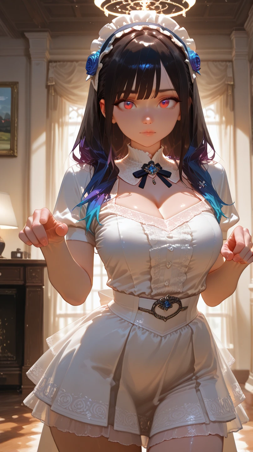 ((Best quality)), ((Masterpiece)), ((Ultra-detailed)), (illustration), (Detailed light), (An extremely delicate and beautiful), Dramatic perspective,A charming young girl,sorceress woman,(Lucifer uniform),Cute face,(Sexy figure)