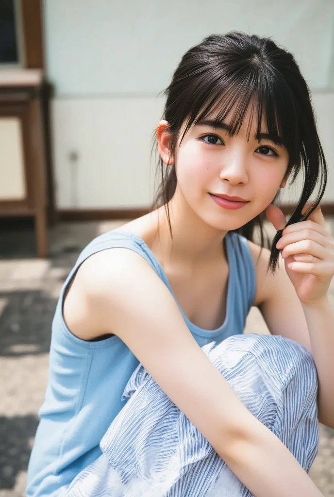 Cute Japan High School Student、put your hands behind your head、Show your armpits to the photographer、sweaty、hot and humid、I can see the side、There is a little bit of armpit hair growing、classroom、sit on the desk