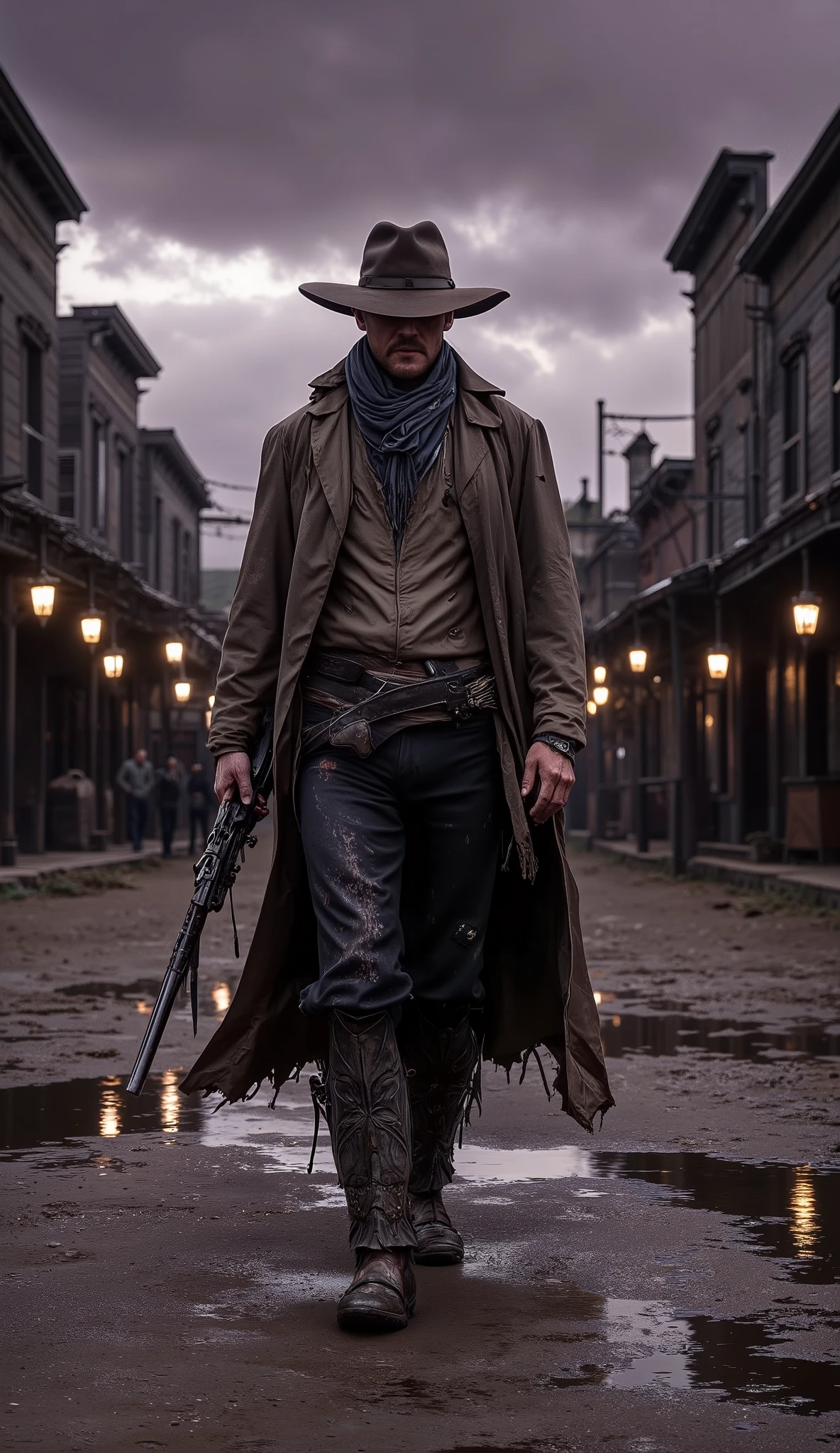Hyper-realistic cinematic wide shot captured in 16:9 aspect ratio: a solitary cowboy walks slowly down the center of a deserted, mud-soaked street in a crumbling, forgotten Old West town at dusk. The cold air hangs heavy with mist and the lingering threat of rain. The camera frames him from a low front-facing angle, emphasizing the gritty determination in his slow, deliberate steps. In one hand, he loosely grips a weathered pistol, its metal surface tarnished and catching the faintest glint of dying light.
The sky above is an endless expanse of thick, dark storm clouds, painted in bruised shades of deep purple and ashen gray. Dim, uneven lanterns flicker weakly from crooked wooden buildings, their light struggling against the creeping darkness. The ground is churned and uneven, with puddles of murky water reflecting the distorted, ghostly outlines of the surrounding town.
Photorealistic textures capture every painstaking detail: the cracked, mud-caked boots of the cowboy, the frayed edges of his dust-smeared duster coat fluttering slightly in the chill wind, the battered wooden facades of abandoned saloons and general stores leaning precariously inward as if suffocating under the weight of time.
A shallow depth of field keeps the cowboy razor-sharp in focus, while the rest of the town, heavy with silence and decay, fades into a soft, melancholic blur. The tone is grim, cold, and loaded with tension — a haunting portrait of isolation, confrontation, and the harsh desolation of the frontier.
Captured with a vintage 35mm film camera, featuring soft organic film grain, naturalistic lighting with deep shadow pockets, muted color grading dominated by muddy browns, cold grays, and faded indigos, and a brooding cinematic composition that feels like the lead-in to an inevitable, tragic showdown.