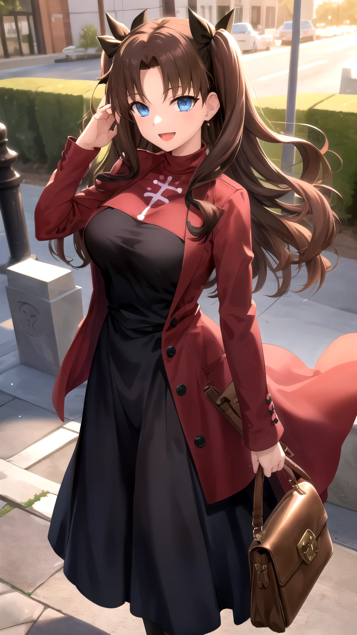 Masterpiece, Best Quality, girl, looking at viewer, Rin Tohsaka Fate Stay Night, Brown hair, blue eyes, large breasts, princess Dress, standing, smile, open mouth, outdoors