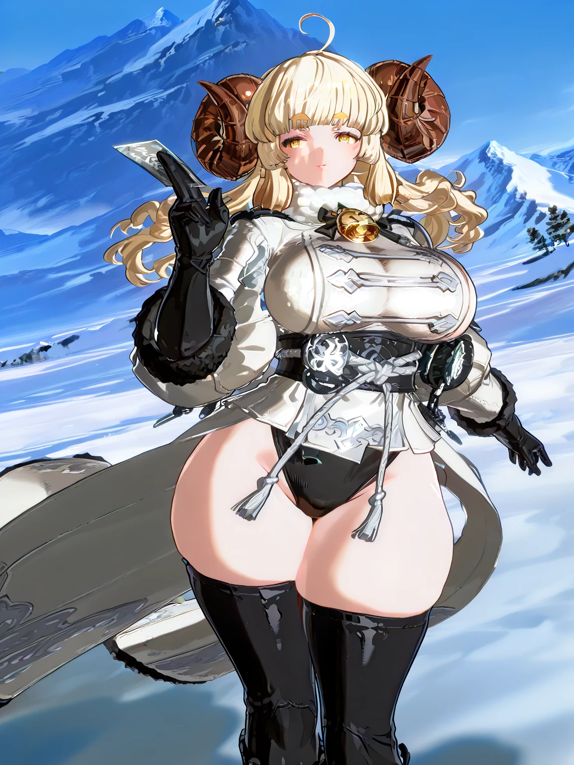A 21 year female snow leopard demi-human mage on a snow covered mountain.High Resolution,Looking at viewer, Breasts, Animal Ears, Teeth, Feet Out Of Frame, Depth Of Field, 3D Rendering, Anime Style, Yellow Eyes, Makeup, Nose Blush, 