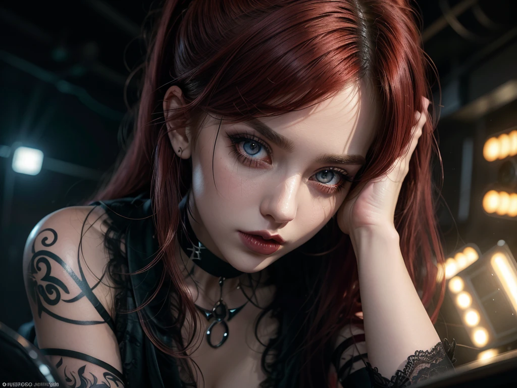 a portrait of vampire with a bloody tear coming down from he eye, an exotic beautiful female vampire, red hair color, dynamic hair style, ultra detailed face, best detailed face, silver eye color, ((1single red teardrop: 1.3)), ((tear drop made from blood)), ((teardrop coming down from the eye: 1.3)), small cleavage, wearing two black diamond earrings, Ultra-high resolution, High Contrast, (masterpiece:1.5), highest quality, Best aesthetics), 16K fantasy art, best details, best quality, highres, (ultra wide angle: 1.2), 16k, [ultra detailed], masterpiece, best quality, (extremely detailed),  Daily-Challenge, FANTASIA
