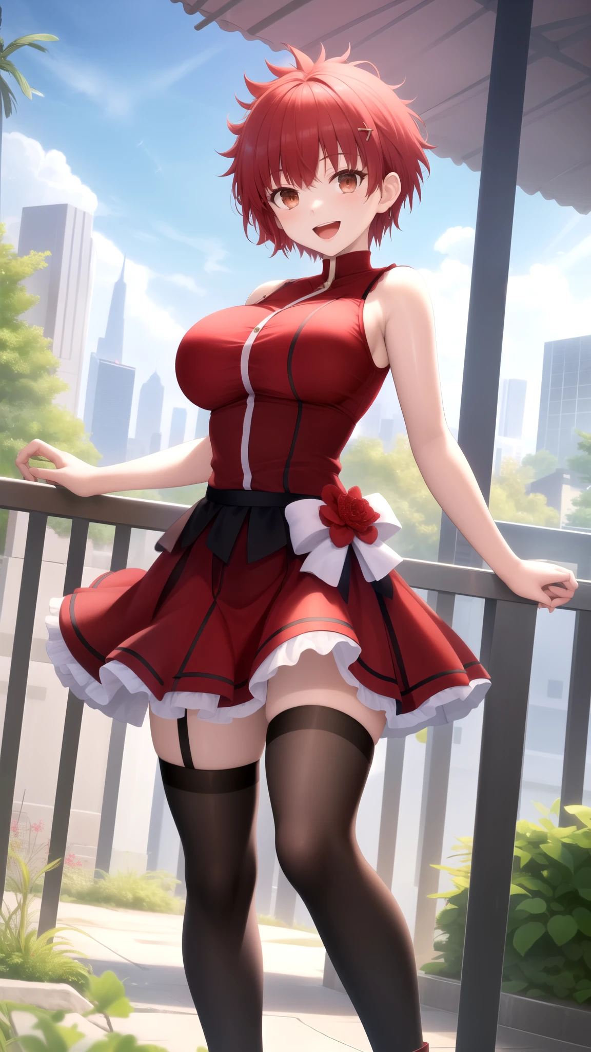 Masterpiece, Best Quality, girl, looking at viewer, Shirou Emiya, Red hair, spiked hair, short hair, Brown Eyes, large breasts, sleeveless idol dress, very puffy skirt, flared skirt, thigh highs, heeled boots, standing, smile, open mouth, outdoors