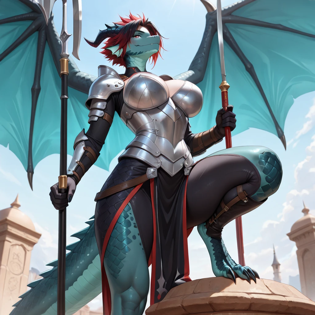 Highest quality、high resolution、Armored female dragon、big breasted、Looking down here、tall、Feeling of pressure、The background is a back alley、Anime Style