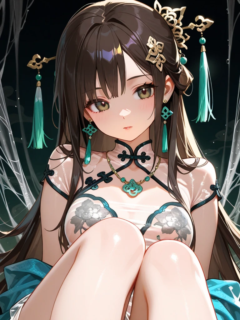 high quality, masterpiece, Super detailed, Bottom View，1 girl, Extremely detailed facial details, Miosis，fear，Kneeling on the ground，Fox ears，Black long hair, Attractive pink eyes，Orange Ocelot Costume，Large Breasts，Maid headdress，Handcuffs，Collar，zoo，Rainforest