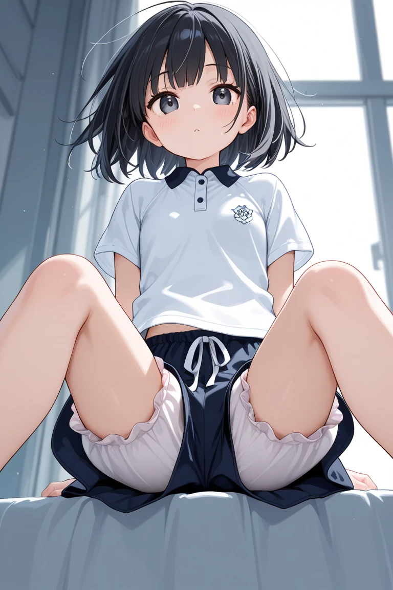 1girl(kuroko shirai), solo, big breasts, looking at viewer, blush, bangs, shirt, underwear, brown hair, brown eyes, white shirt, short sleeves, sweat, big breasts, shoes, teeth, socks, shiny, indoors, spread legs, hair bun, shiny hair, wet, kneehighs, embarrassed, from below, squatting, single hair bun, white socks, clenched teeth, sneakers, wet clothes, gym uniform, buruma, blue footwear, single side bun, peeing, pee, gym shirt, blue buruma, puddle, peeing self, shirai kuroko