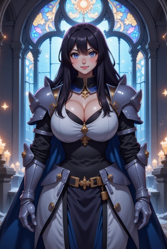 Female thief from medieval fantasy universe, Italian features, 25 years old with long black hair, in black armor. on the roofs of a fantasy medieval city, night full moon in the sky