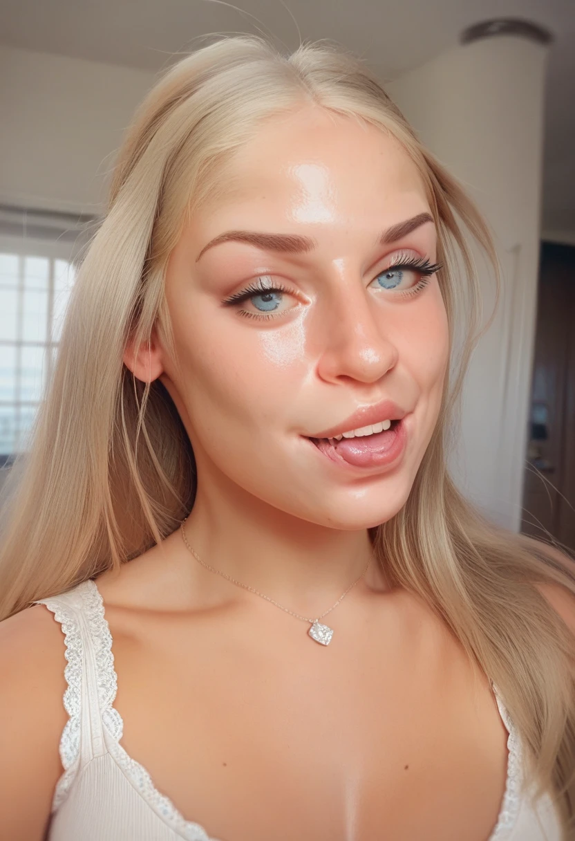 photo of a skinny very old wrinkly-faced faced mature blonde prostitute with fake eyelashes and plump-enhanced lips, messy long hair thrown into a messy bun ponytail. She wears: (turtleneck soft high ribbed pure white super tight sweater:1.1), submissive seductive pose, high tight ribbed neck, seductive smile, perfect fake tits, horny eager granny, mouth wide open, tongue out