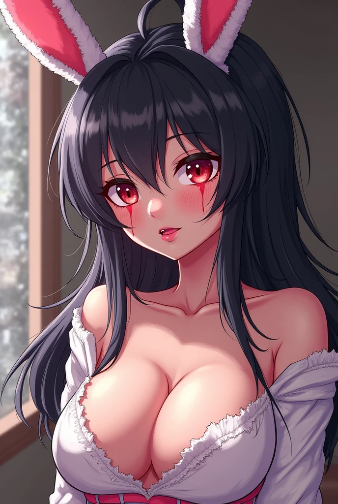 1girl, long hair, red eyes, black hair, large breasts, upper body, grin, dress