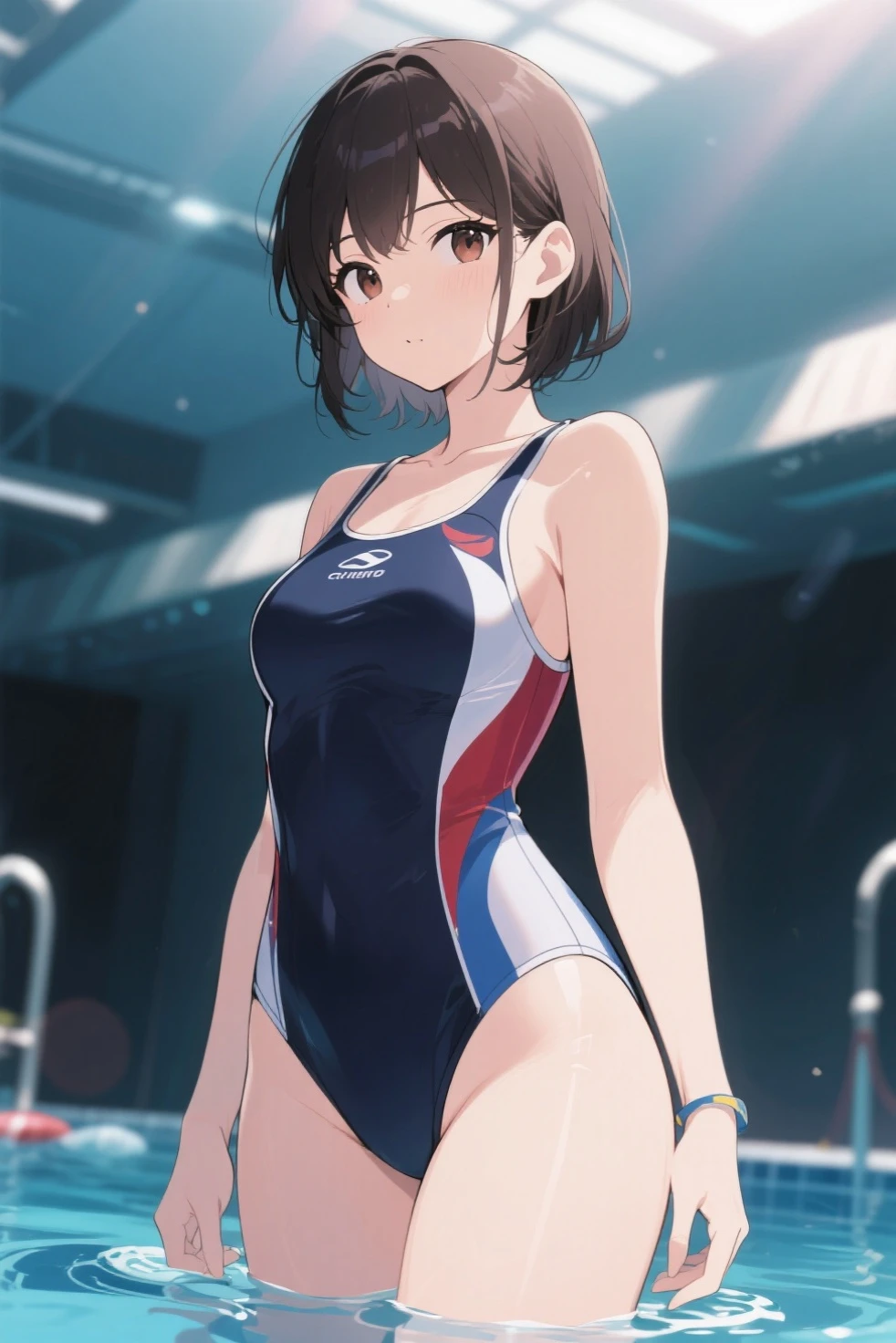 masterpiece、highest quality、High resolution、Two realistic girls、Competitive swimmer、Close-up of a person、Wearing a black bodysuit、During Competitive swimmerics competitions、smile、Swimming Venues、sexy competitive swimwear